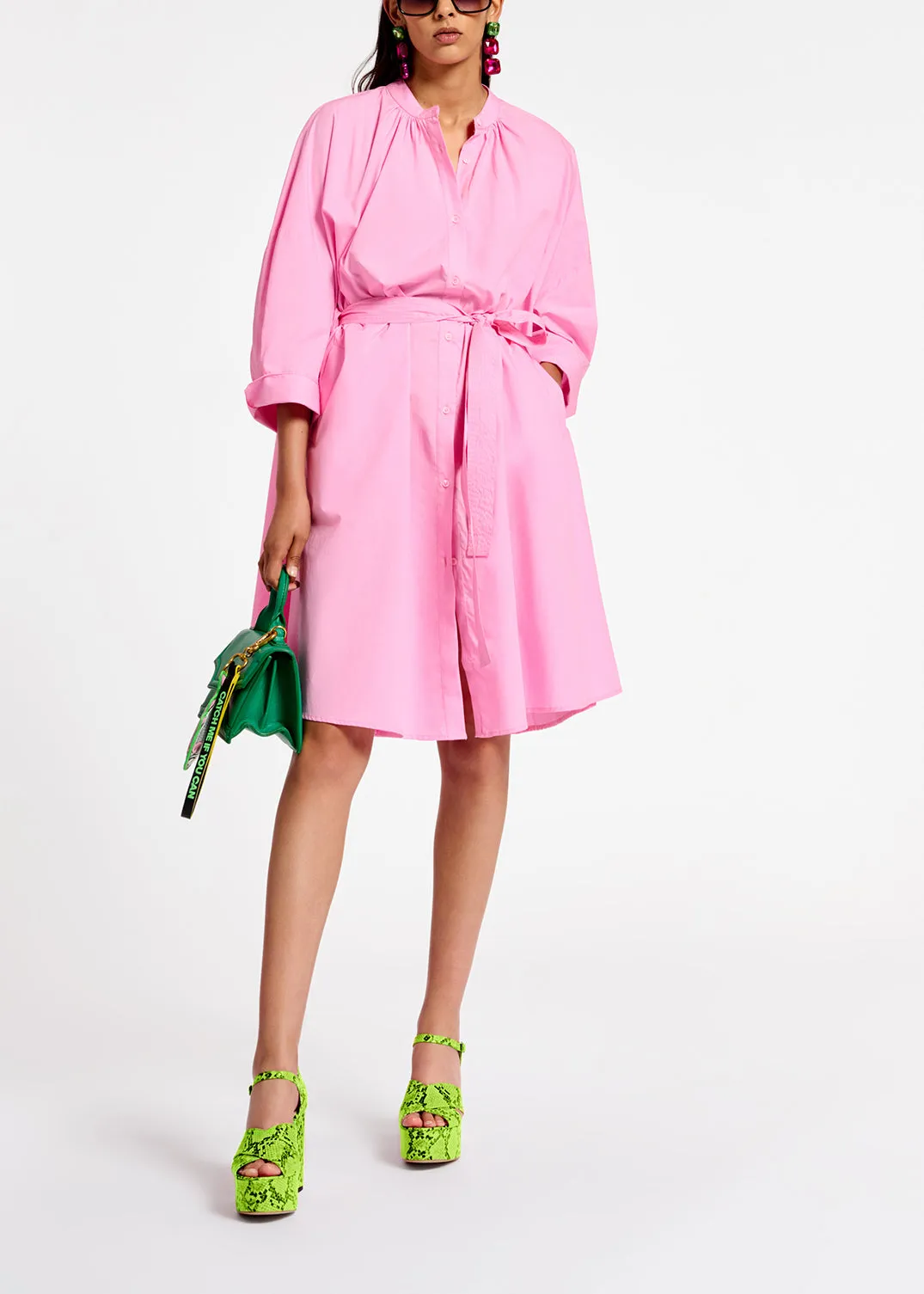 Pink cotton oversized knee-length shirt dress