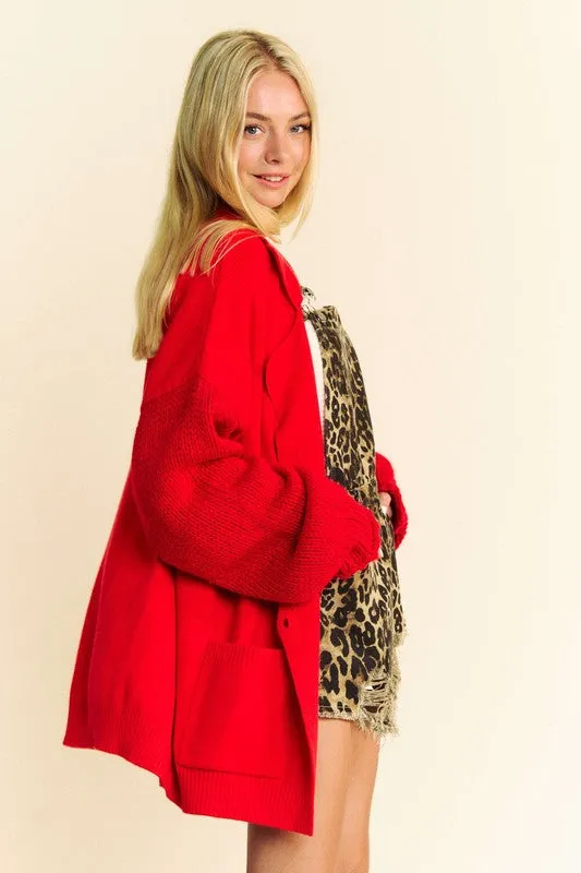 Red Button Up Dropped Shoulder Cardigan with Pockets