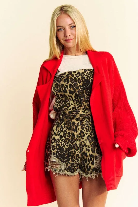 Red Button Up Dropped Shoulder Cardigan with Pockets