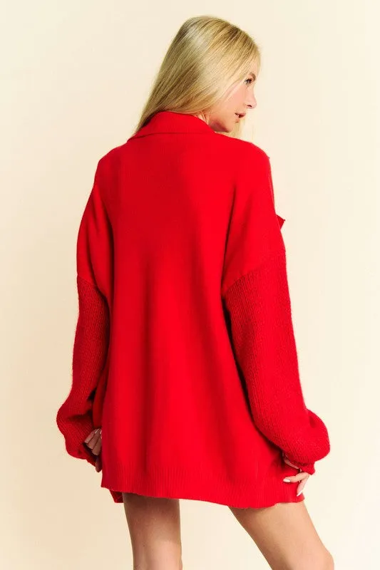 Red Button Up Dropped Shoulder Cardigan with Pockets