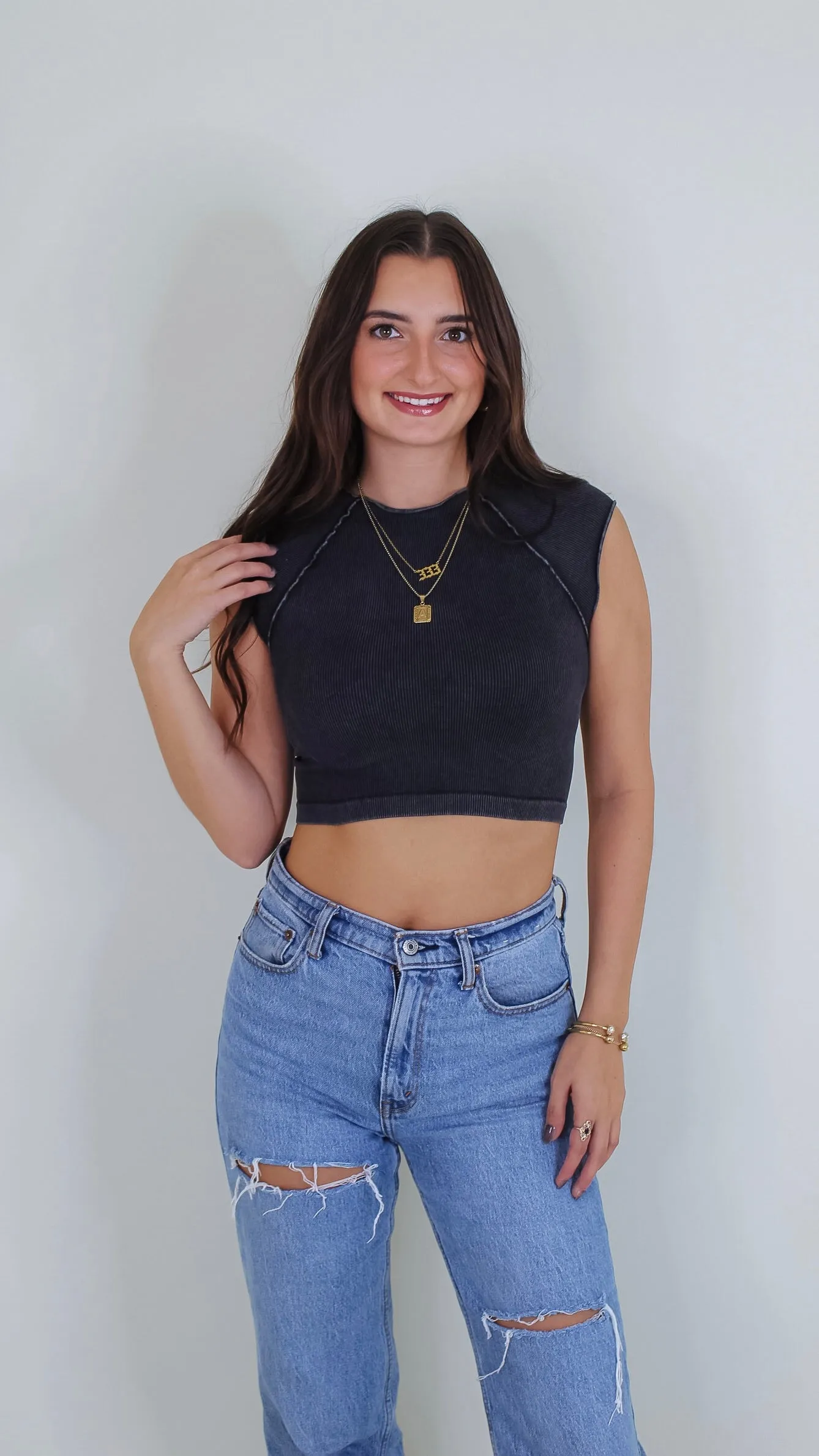 Rue Exposed Seam Crop Top - Vintage Black