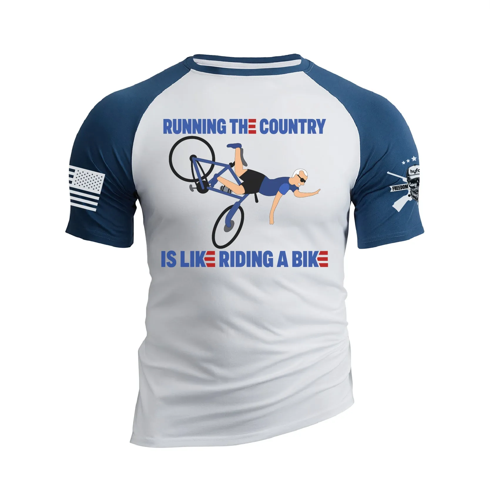 RUNNING THE COUNTRY IS LIKE RIDING A BIKE RAGLAN GRAPHIC TEE
