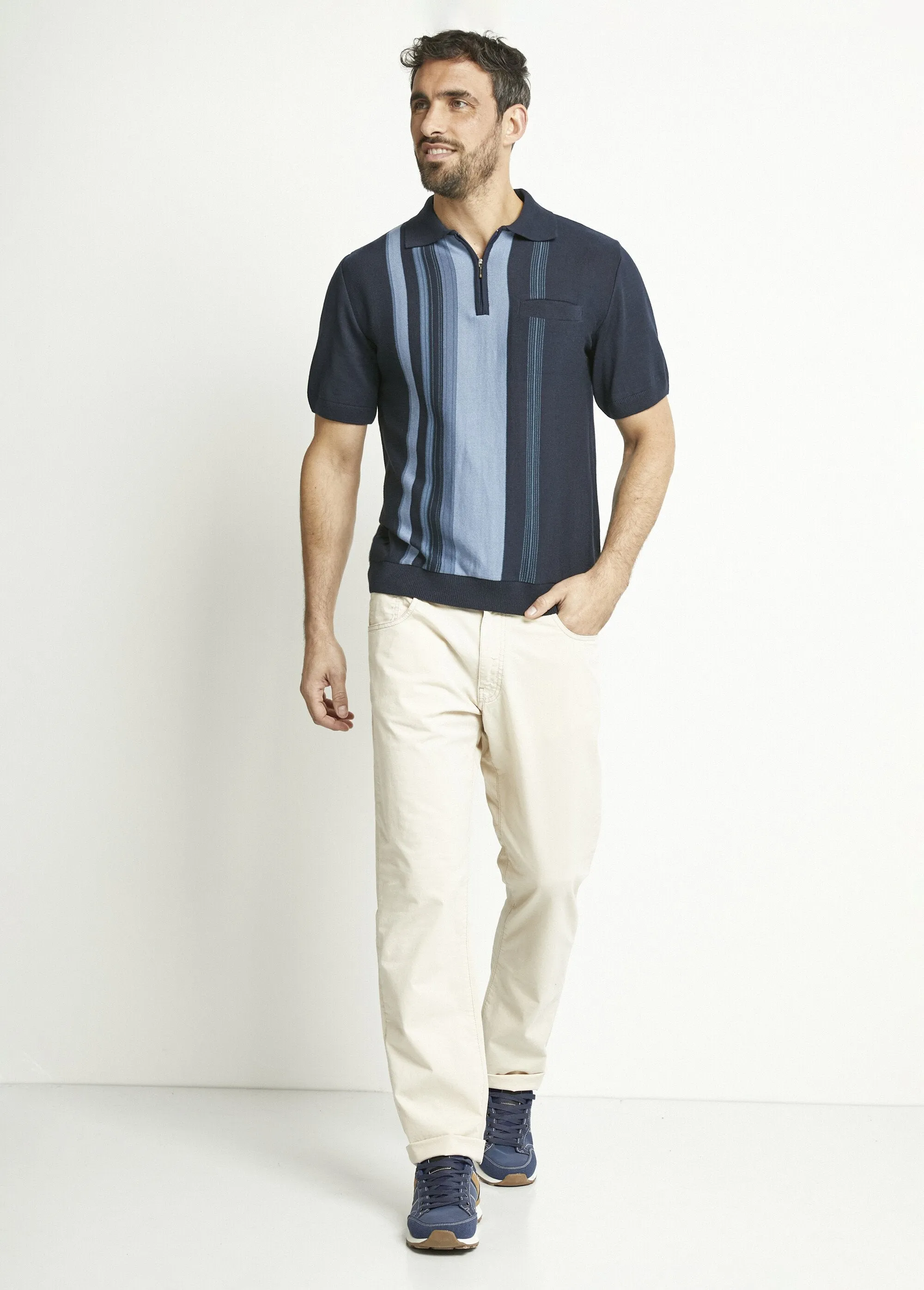 Short-sleeved zipped polo shirt with jacquard stripes