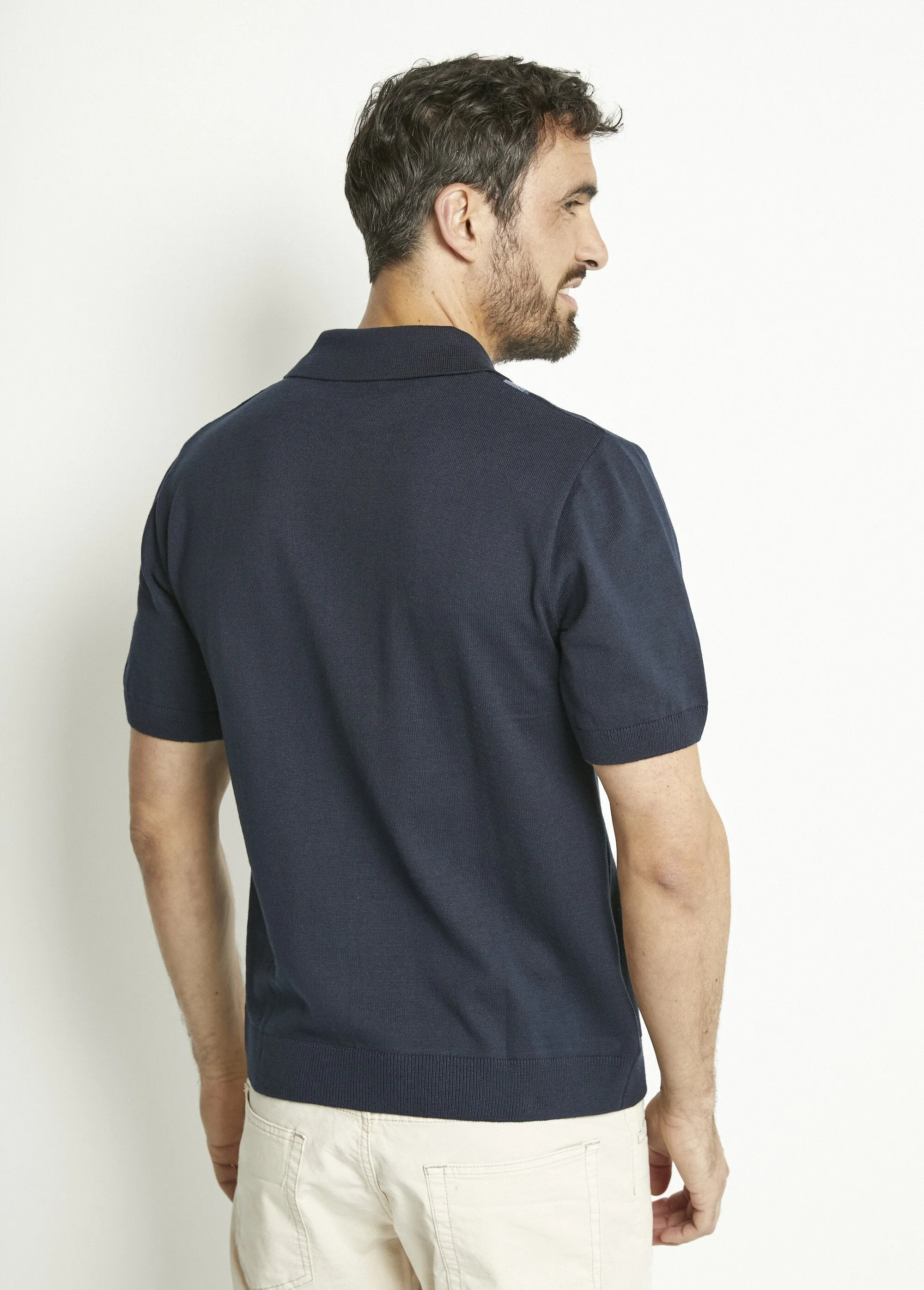 Short-sleeved zipped polo shirt with jacquard stripes