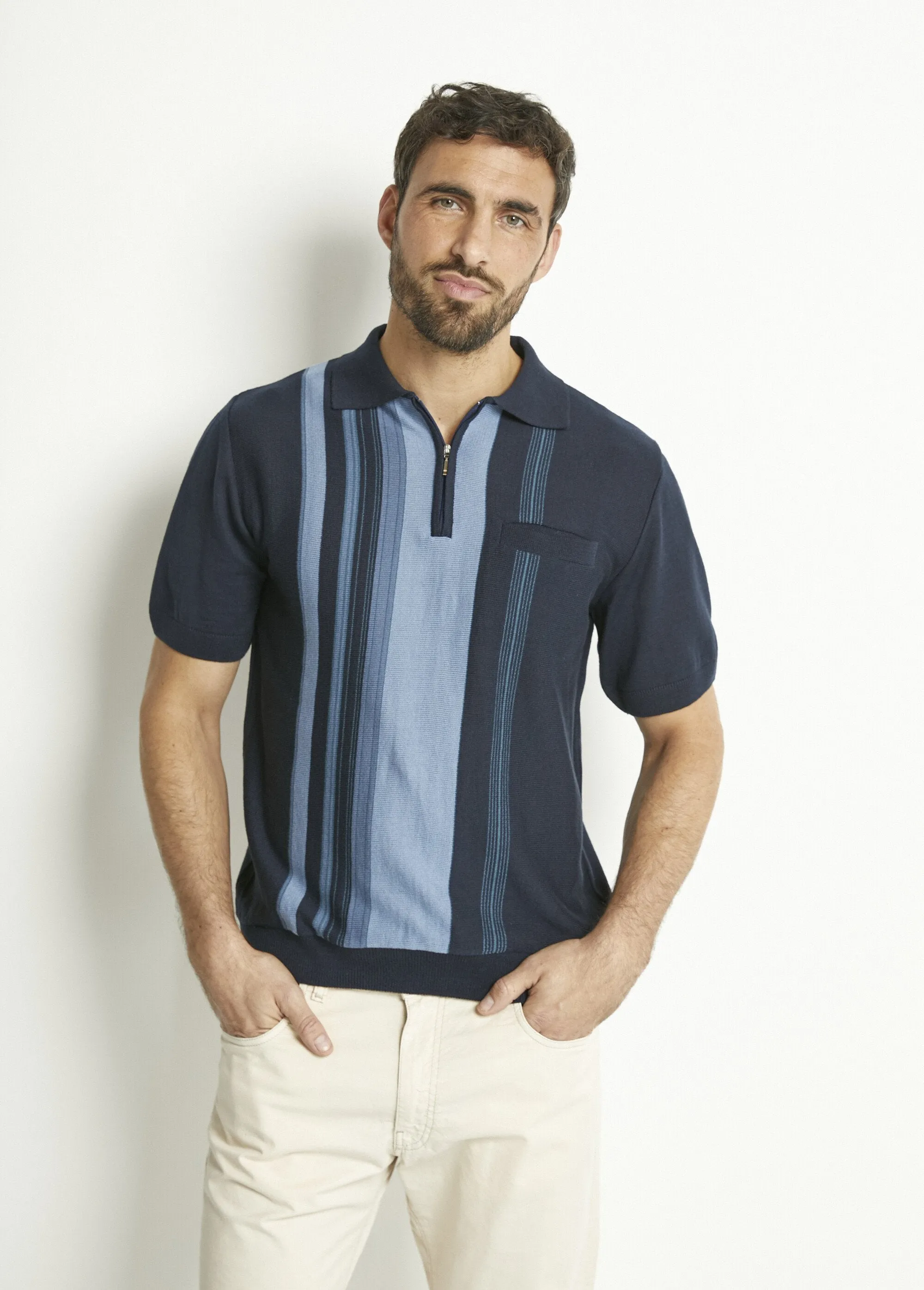 Short-sleeved zipped polo shirt with jacquard stripes