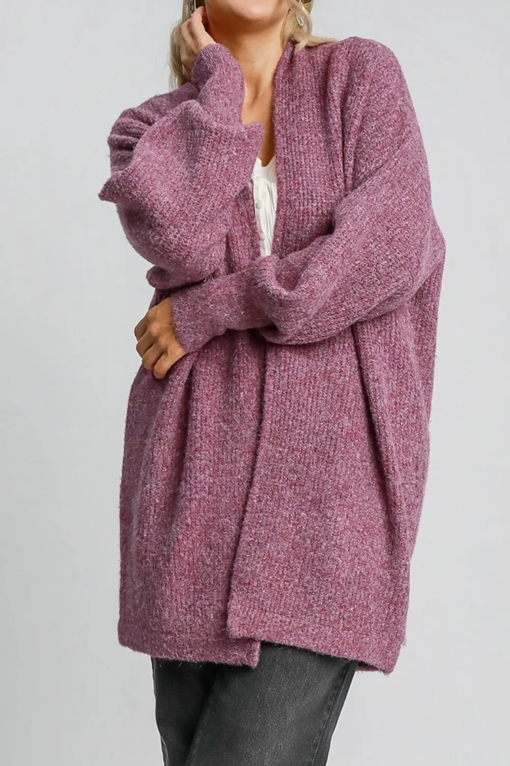 Umgee Full Size Wool Blend Open Front Lantern Sleeve Cardigan Plus Size