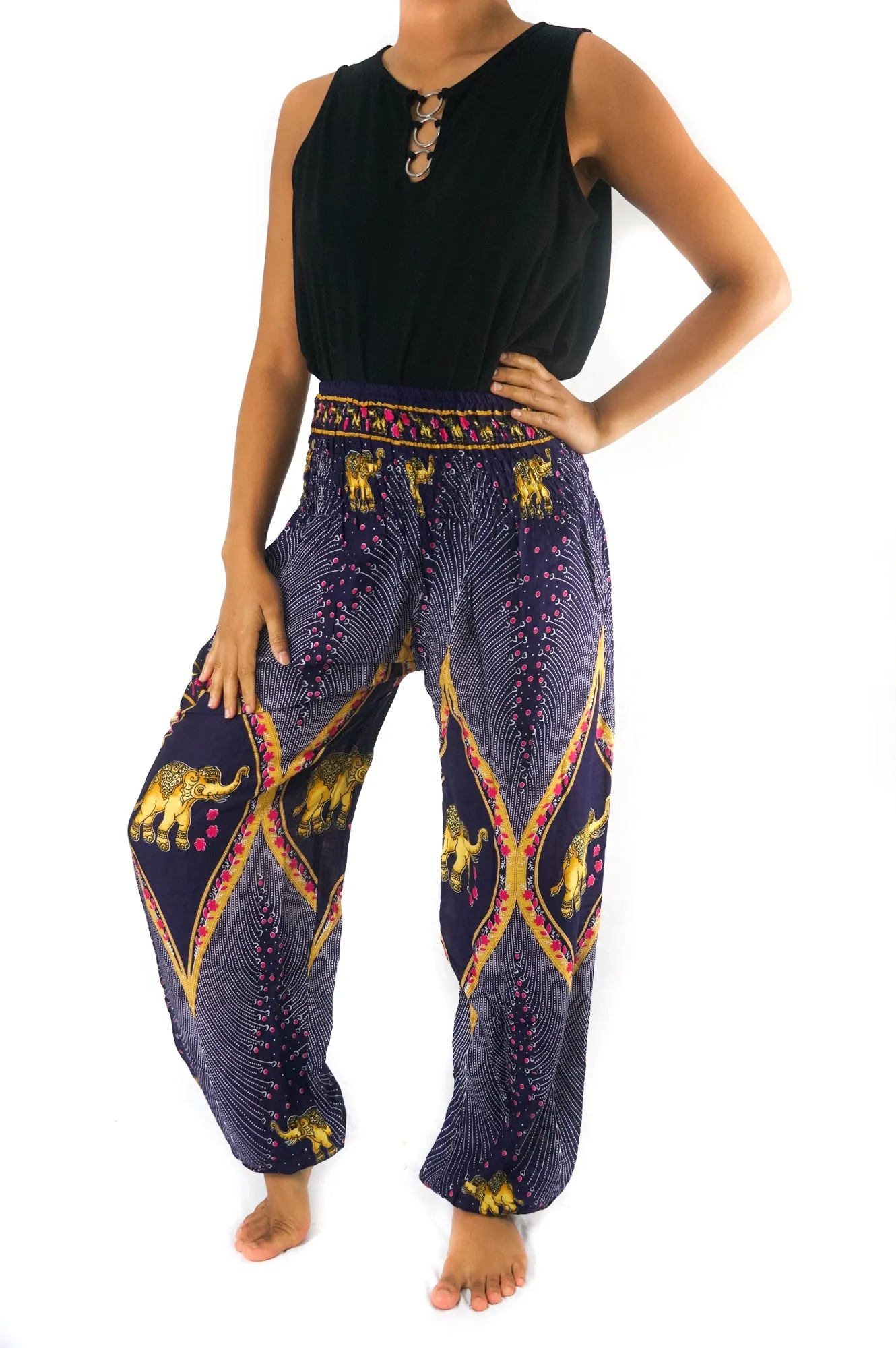 Unisex Bohemian Peacock Feather Elephant Harem Pants- Purple Multi