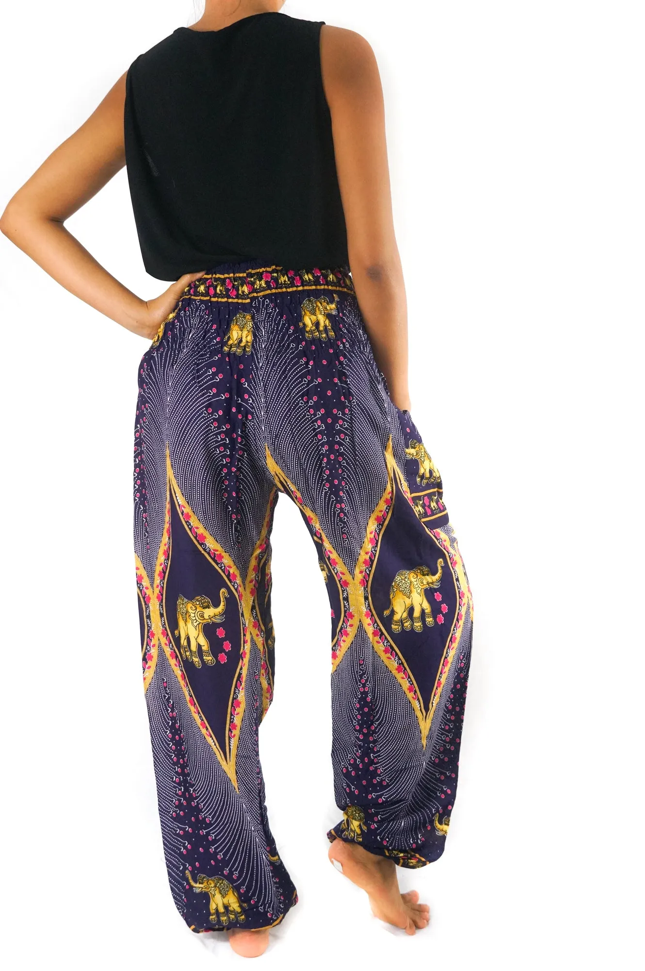 Unisex Bohemian Peacock Feather Elephant Harem Pants- Purple Multi