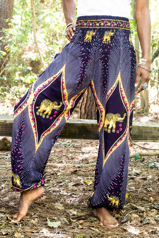 Unisex Bohemian Peacock Feather Elephant Harem Pants- Purple Multi