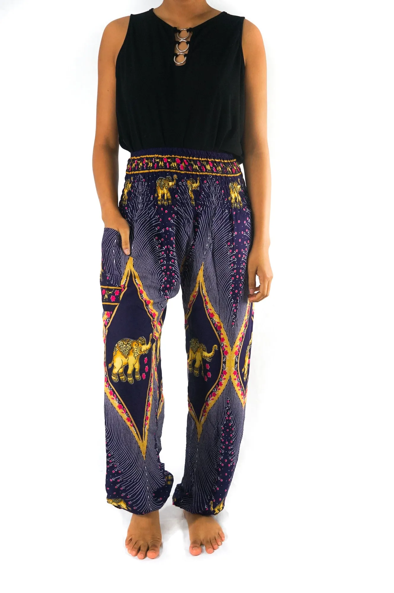 Unisex Bohemian Peacock Feather Elephant Harem Pants- Purple Multi