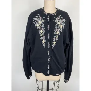 Vintage Lambs Wool Angora Floral Beaded Cardigan Sweater XL Black Cottagecore
