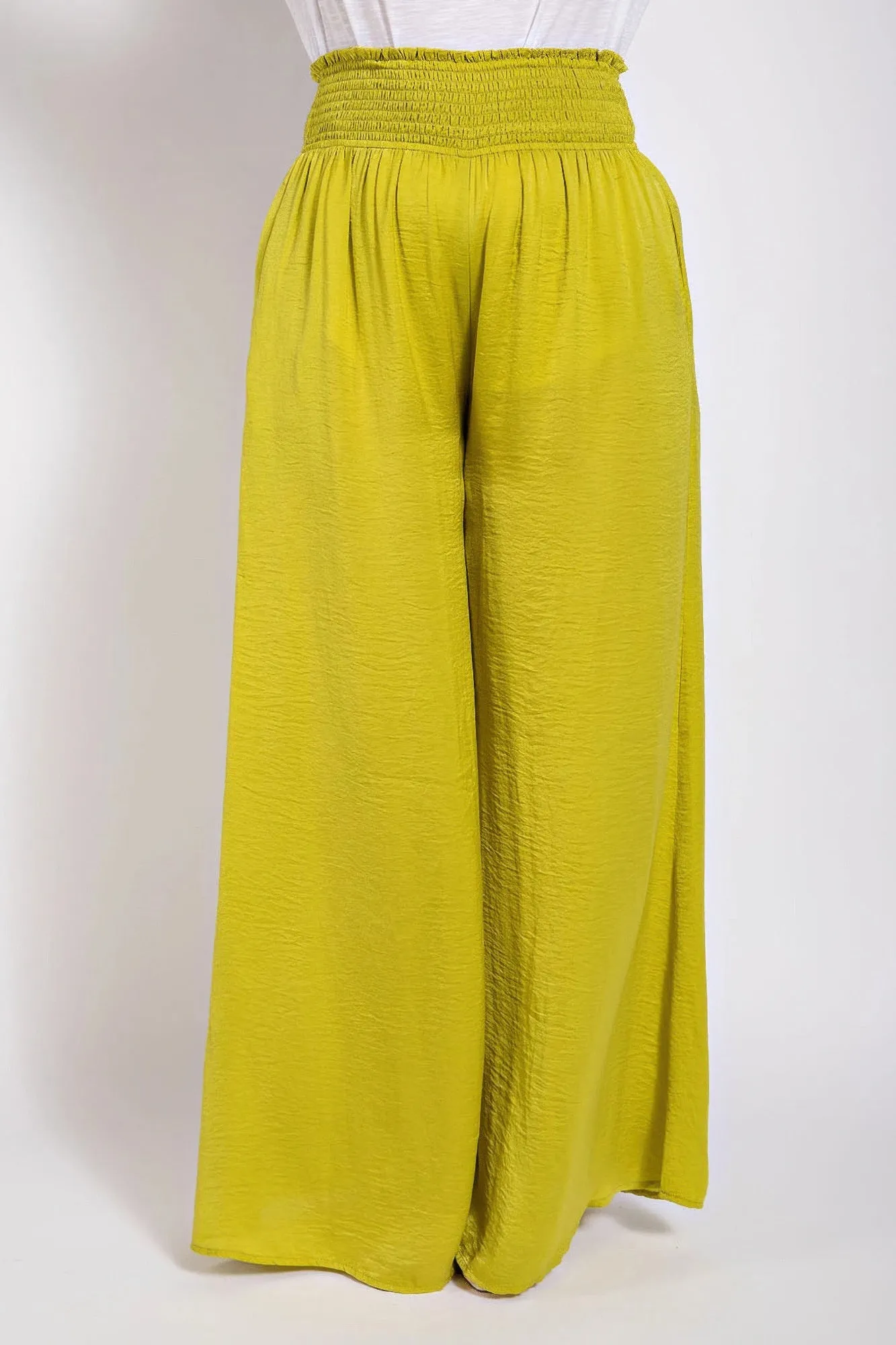 Washed Satin Wide Pants With Waist Smocked