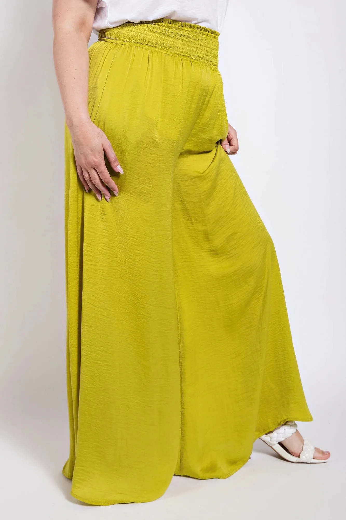 Washed Satin Wide Pants With Waist Smocked
