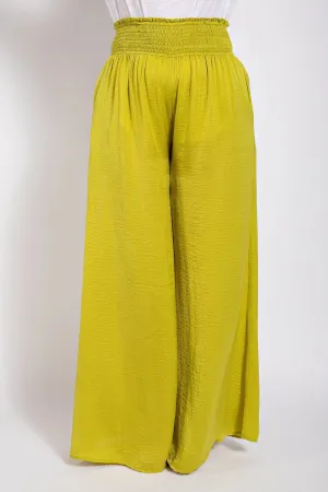 Washed Satin Wide Pants With Waist Smocked