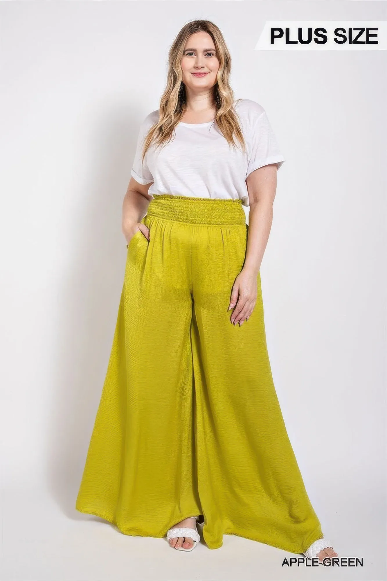 Washed Satin Wide Pants With Waist Smocked