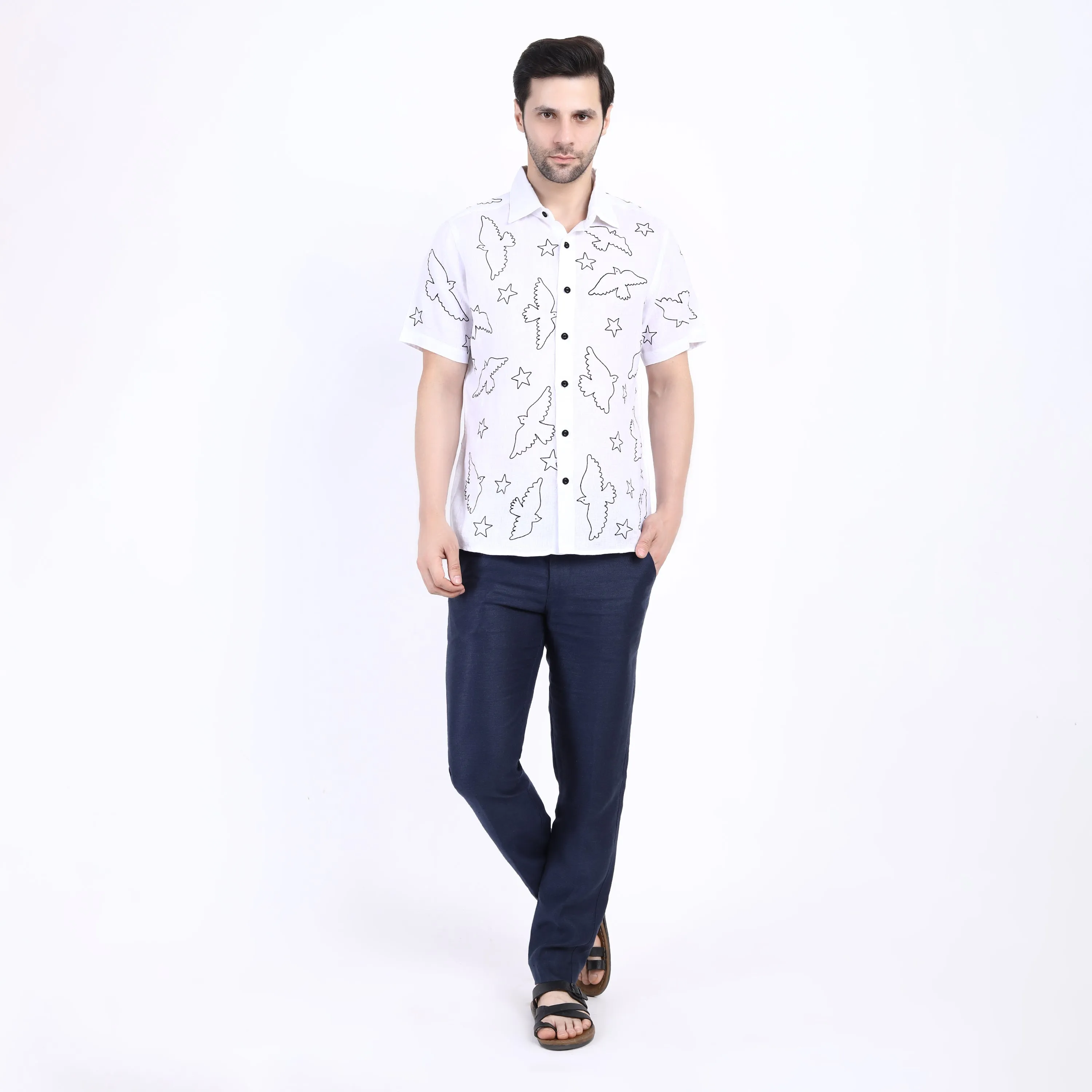 White Bird Outline Embroidered Linen Half Sleeve Shirt