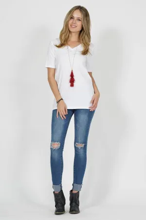 WHITE COTTON V-NECK SHORT SLEEVE T-SHIRTS