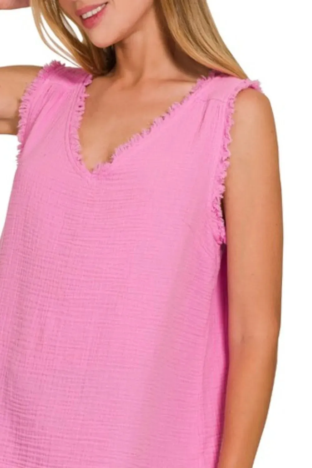 Zenana Double Gauze Raw Edge V-Neck Tank