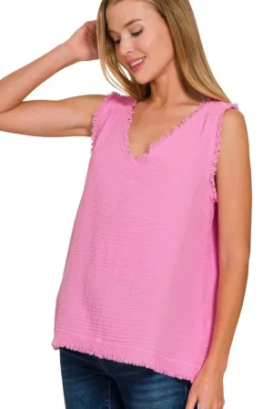 Zenana Double Gauze Raw Edge V-Neck Tank